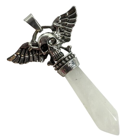 Jewelry - Winged Skull Silver Tone Pendant Opalite Crystal Point